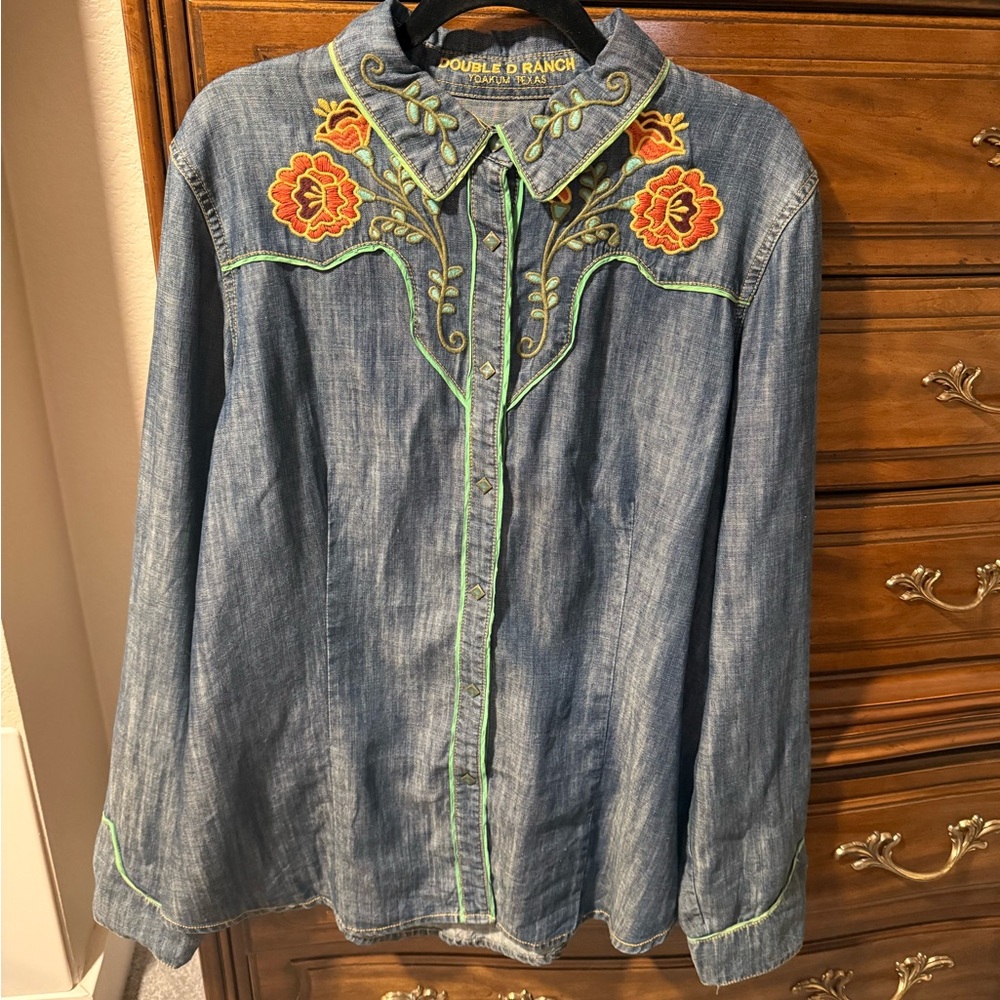 Double D Ranch Denim Shirt with Orange Floral Embroidery and Green Piping